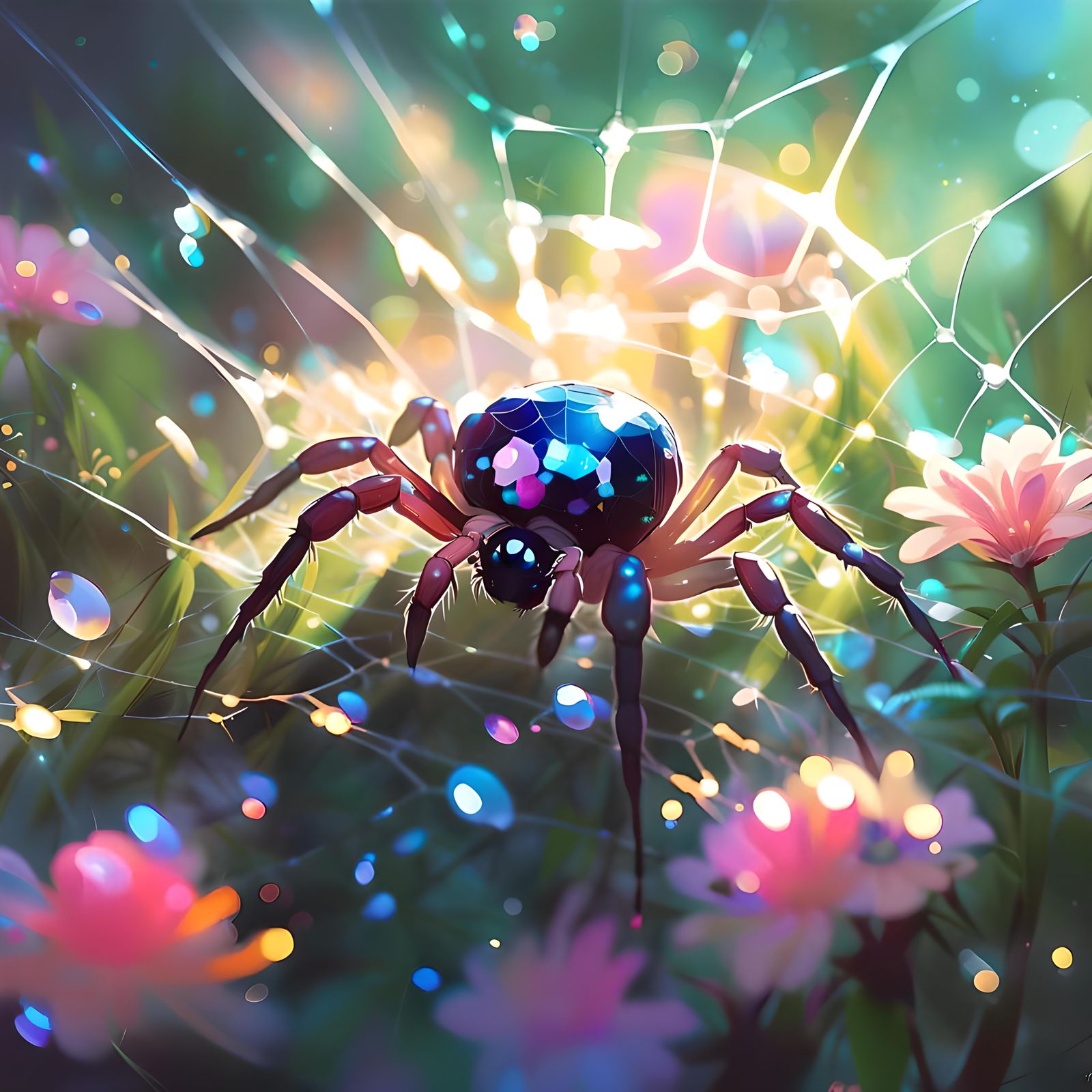 Holographic Crystal Spider on Dew-Kissed Web