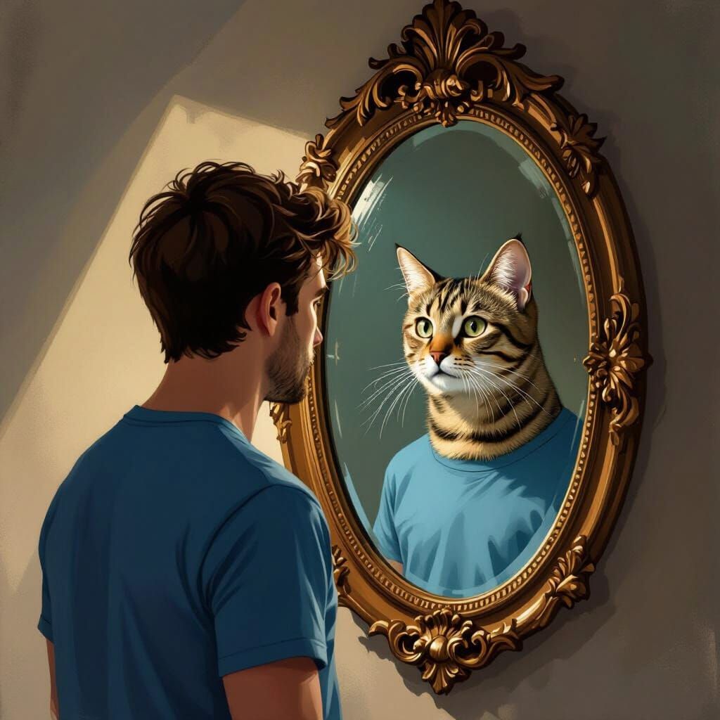 Man Sees Tabby Cat Reflection in Ornate Mirror