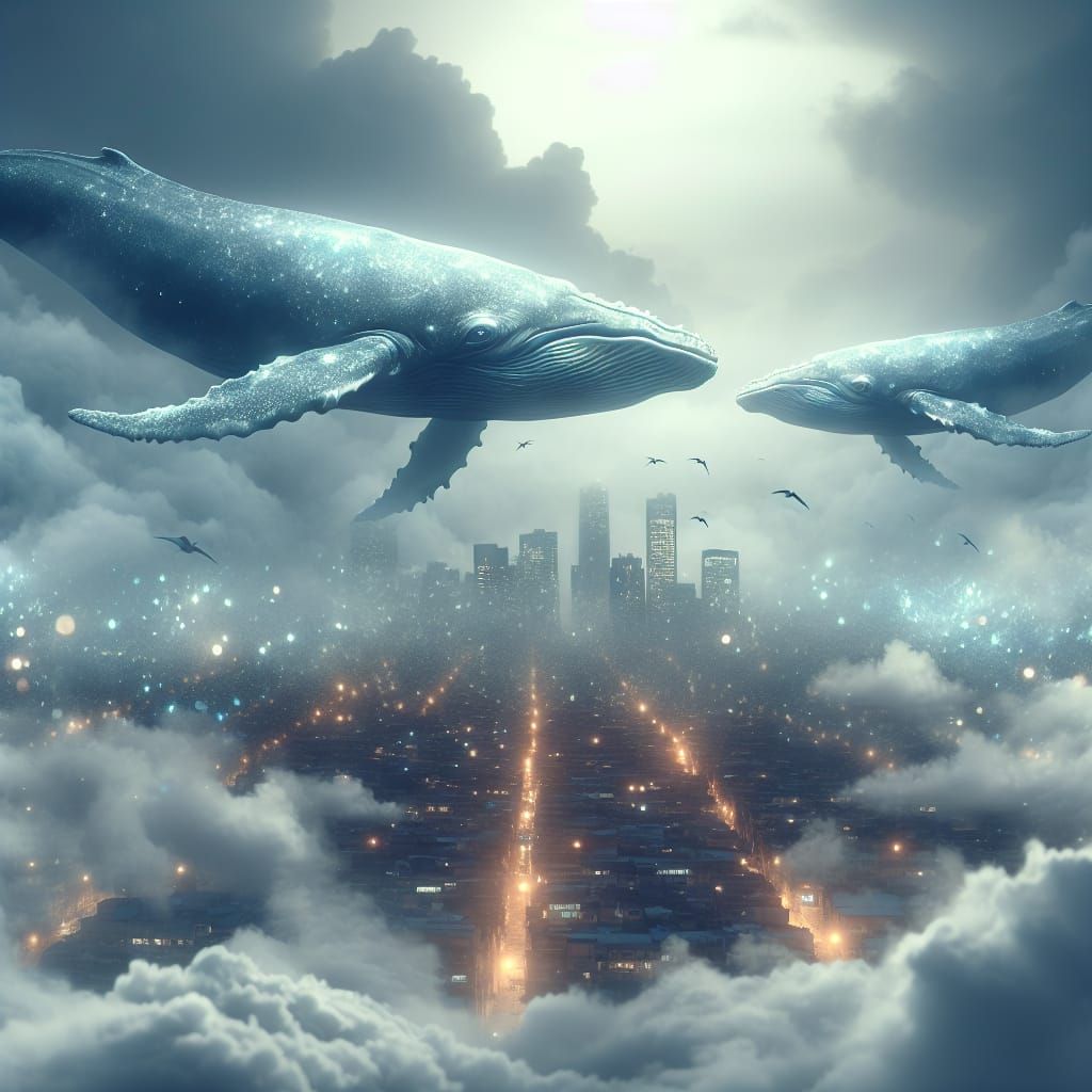 Ethereal Whales Glide Over Foggy City