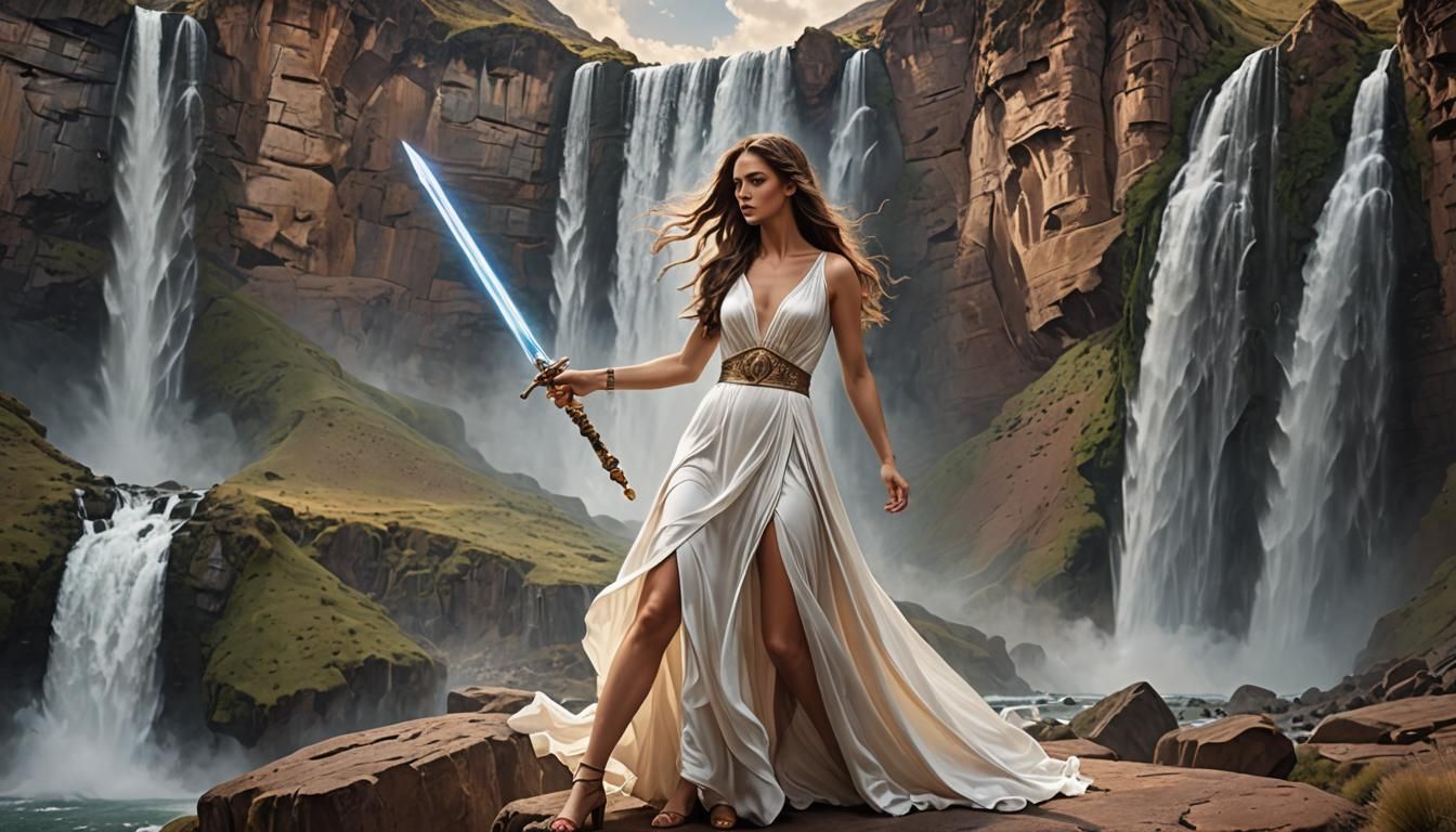 Gemini Women with Crystal Swords at Waterfall