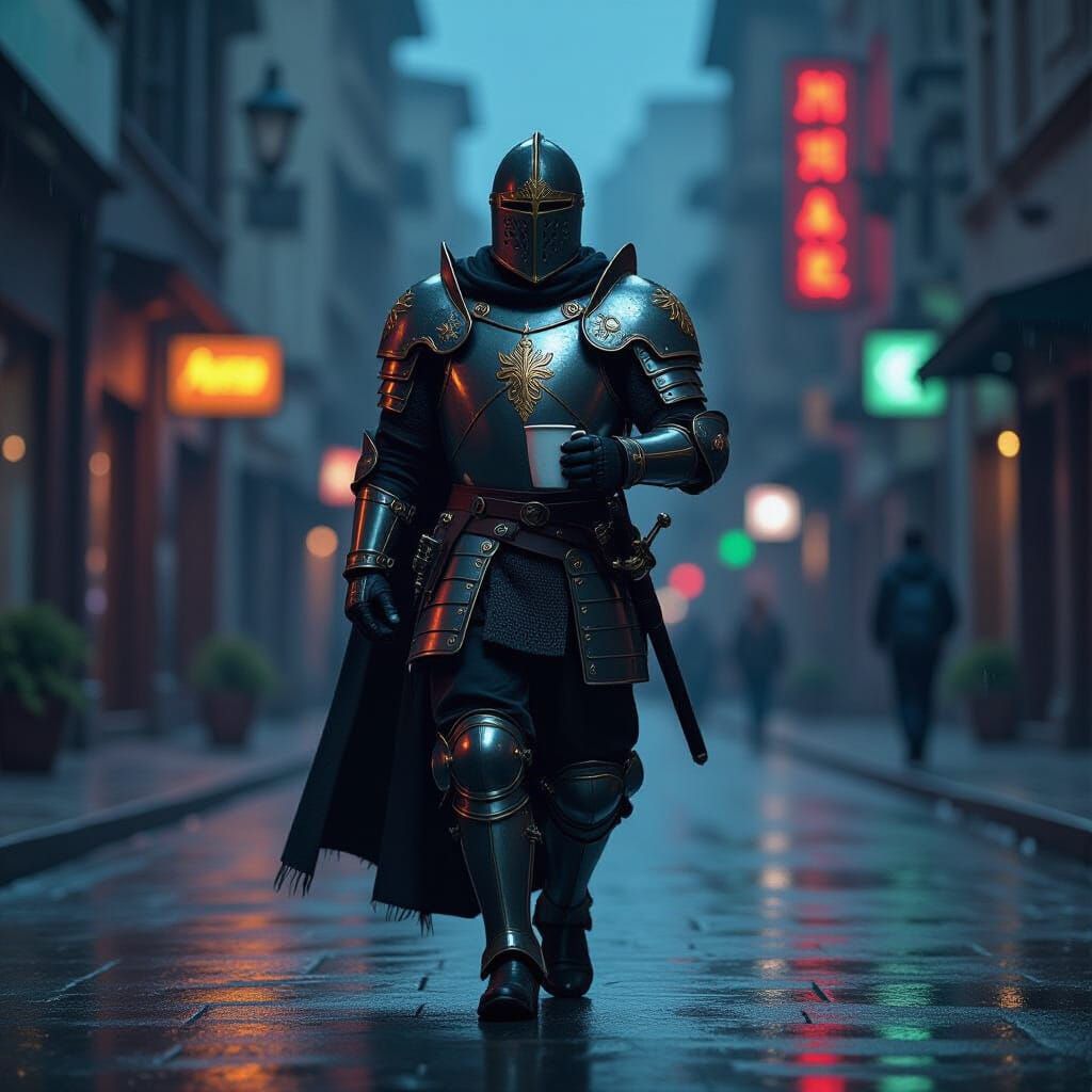Cyberpunk Knight on Rollerblades in Neon City