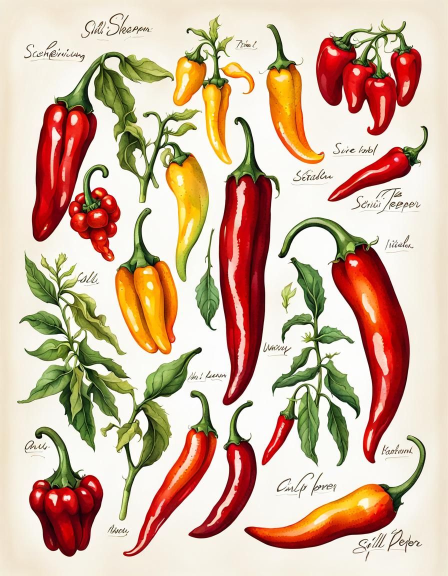 Botanical Ink Drawing of Chili Pepper Varieties
