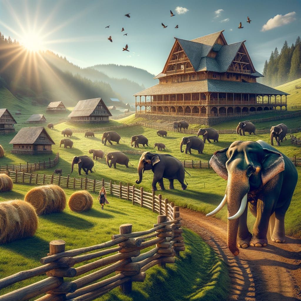 Gentle Elephants and Farmers in a Sunny Pasture