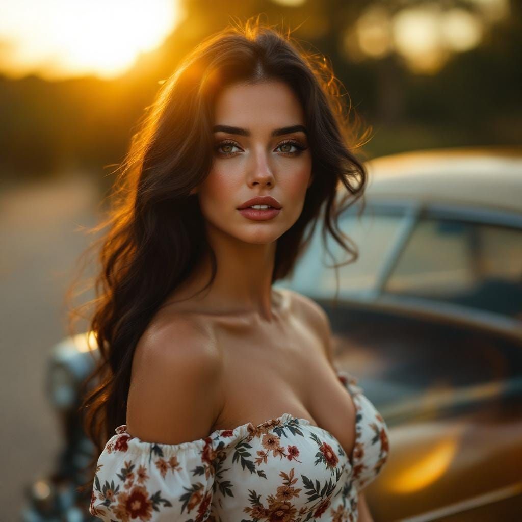 Elegant Woman with Vintage Car in Golden Light