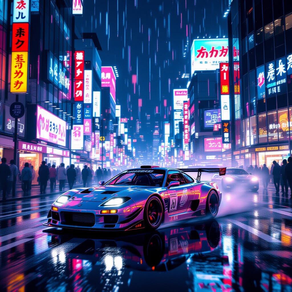 Cyberpunk Car Drifting Through Tokyo Nightscape