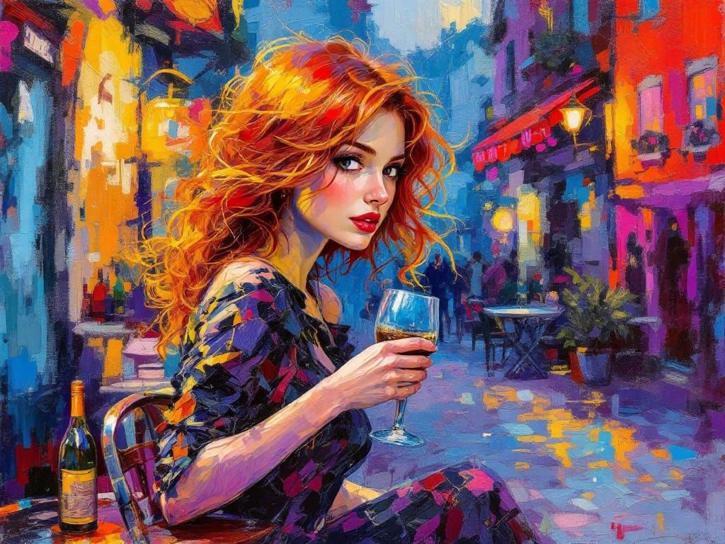 Vibrant Impressionist Redhead at Street Cafe