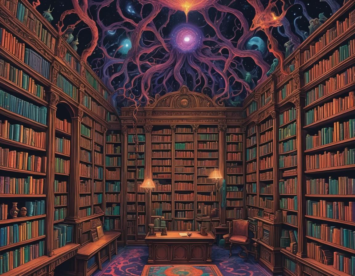 Psychedelic Eldritch Library: A Surreal AI Creation
