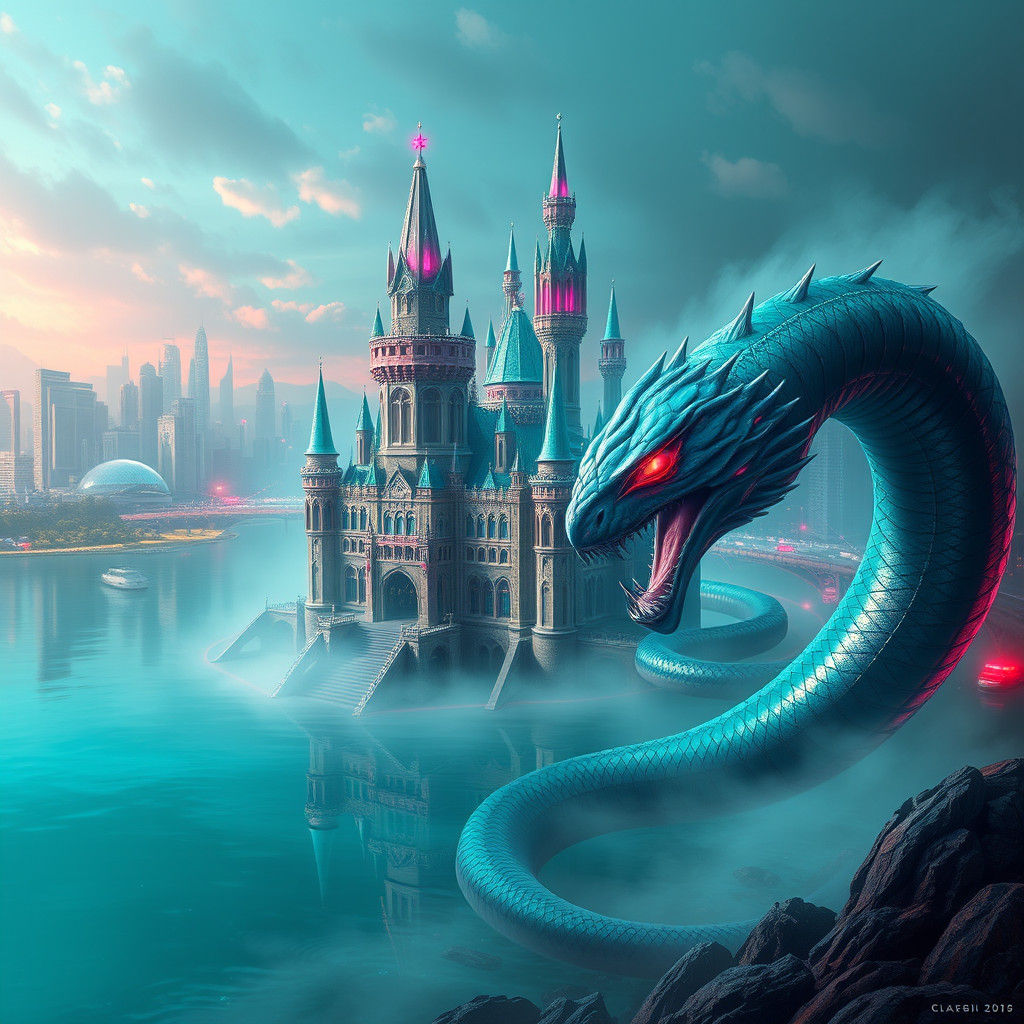 Teal and Rose Castle with Cyberpunk Serpent