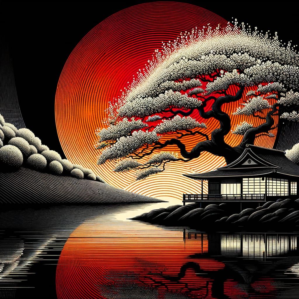 Japanese-Inspired Digital Painting of Blossoms and Sun