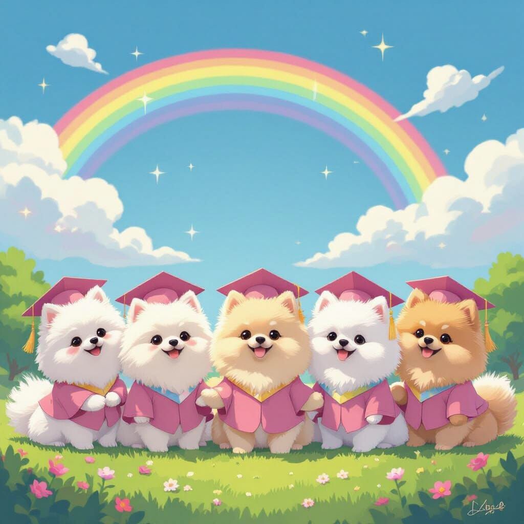 Pomeranians Graduate Candy Land High in Whimsical Digital Pa...