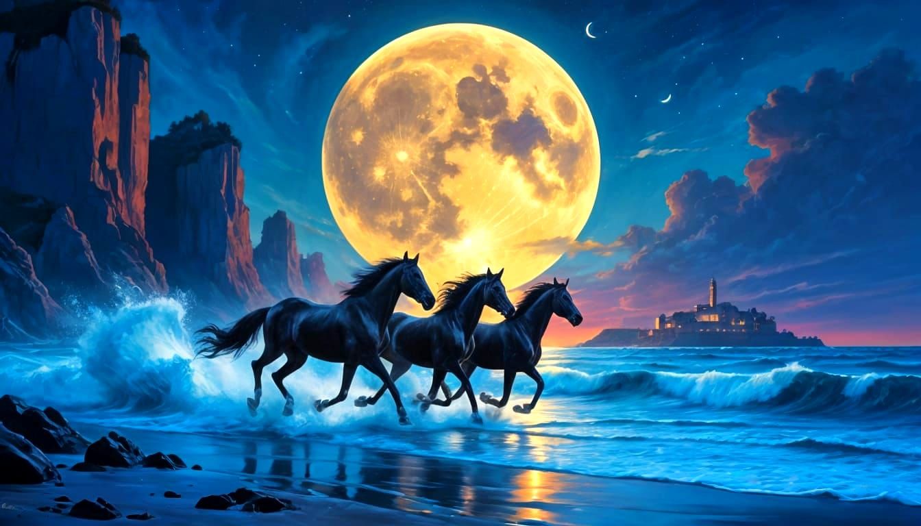 Bioluminescent Horses Emerge from the Sea