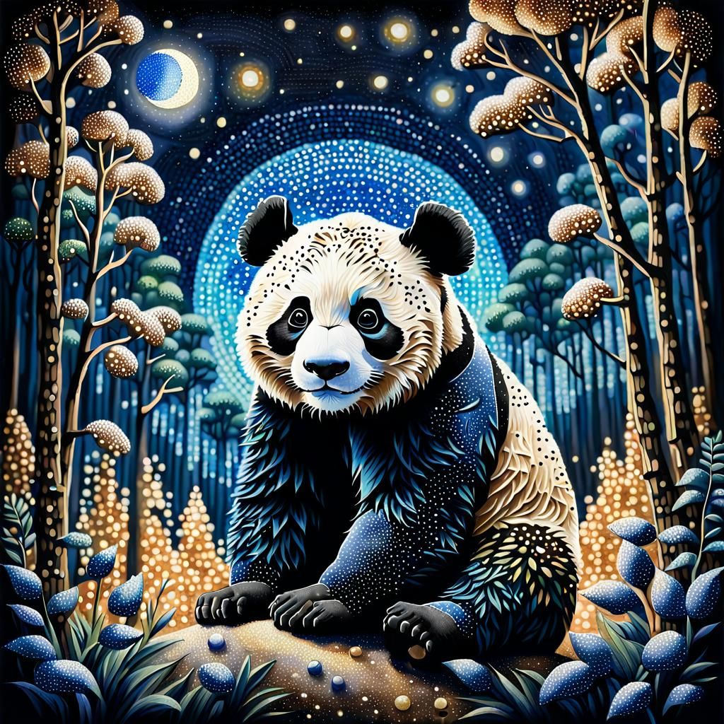 Panda in Celestial Forest: Pointillism Dot Art