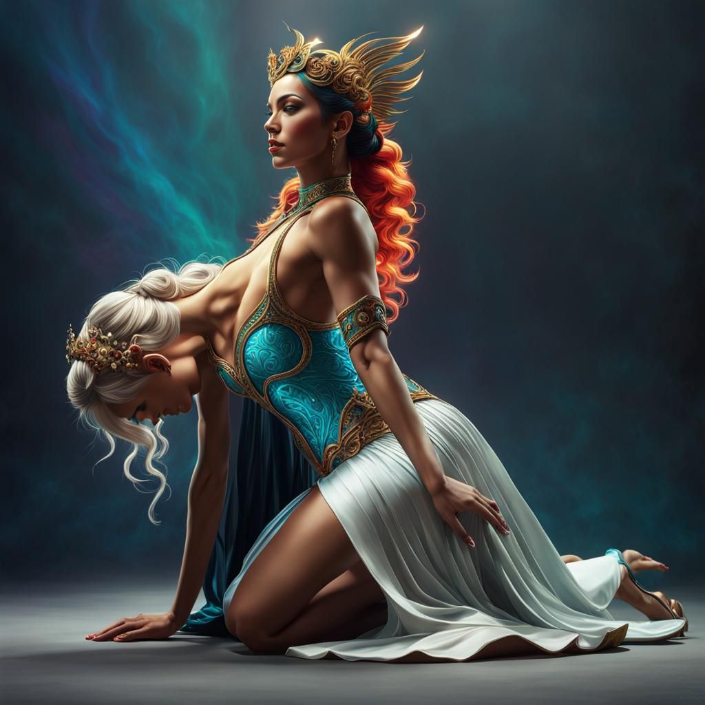 Dominant Female Figure Exerts Control Over Kneeling Companio...