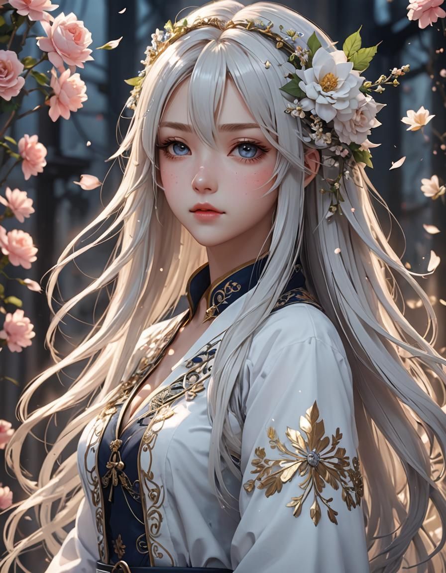Anime Girl with White Hair and Roses