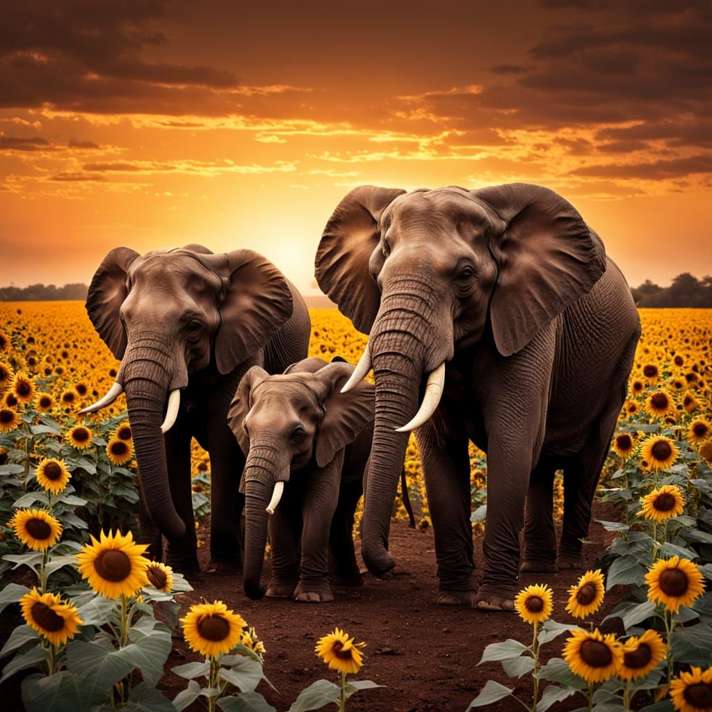 Chocolate Elephants in Sunflower Field: Wildlife Photography
