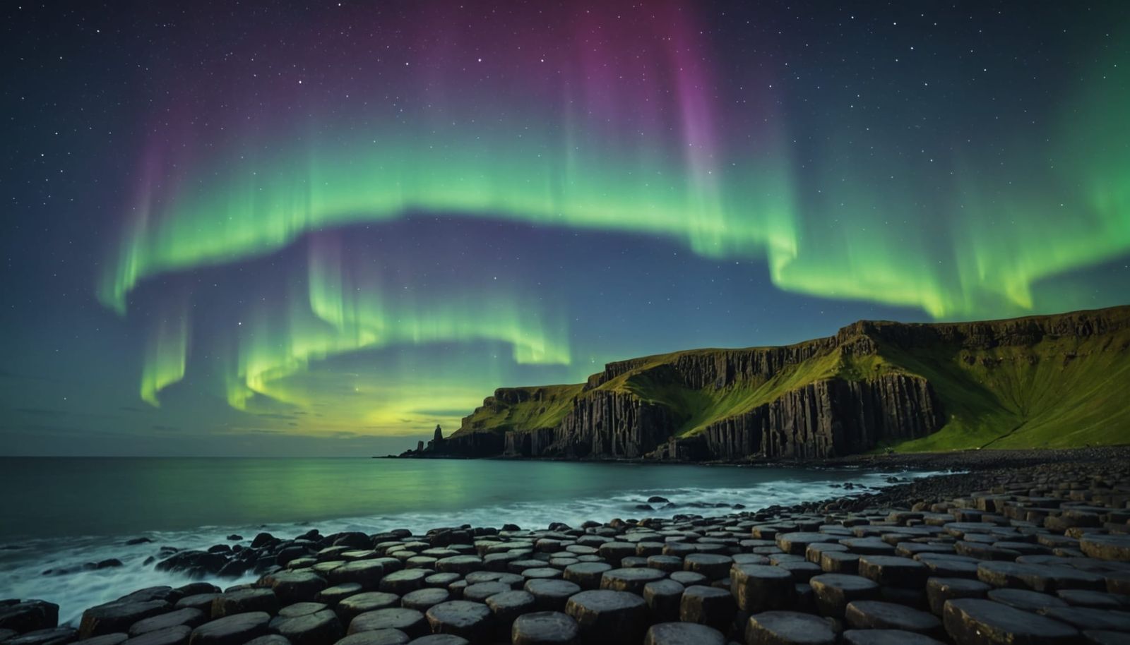 Northern Lights Dance Over Giants Causeway