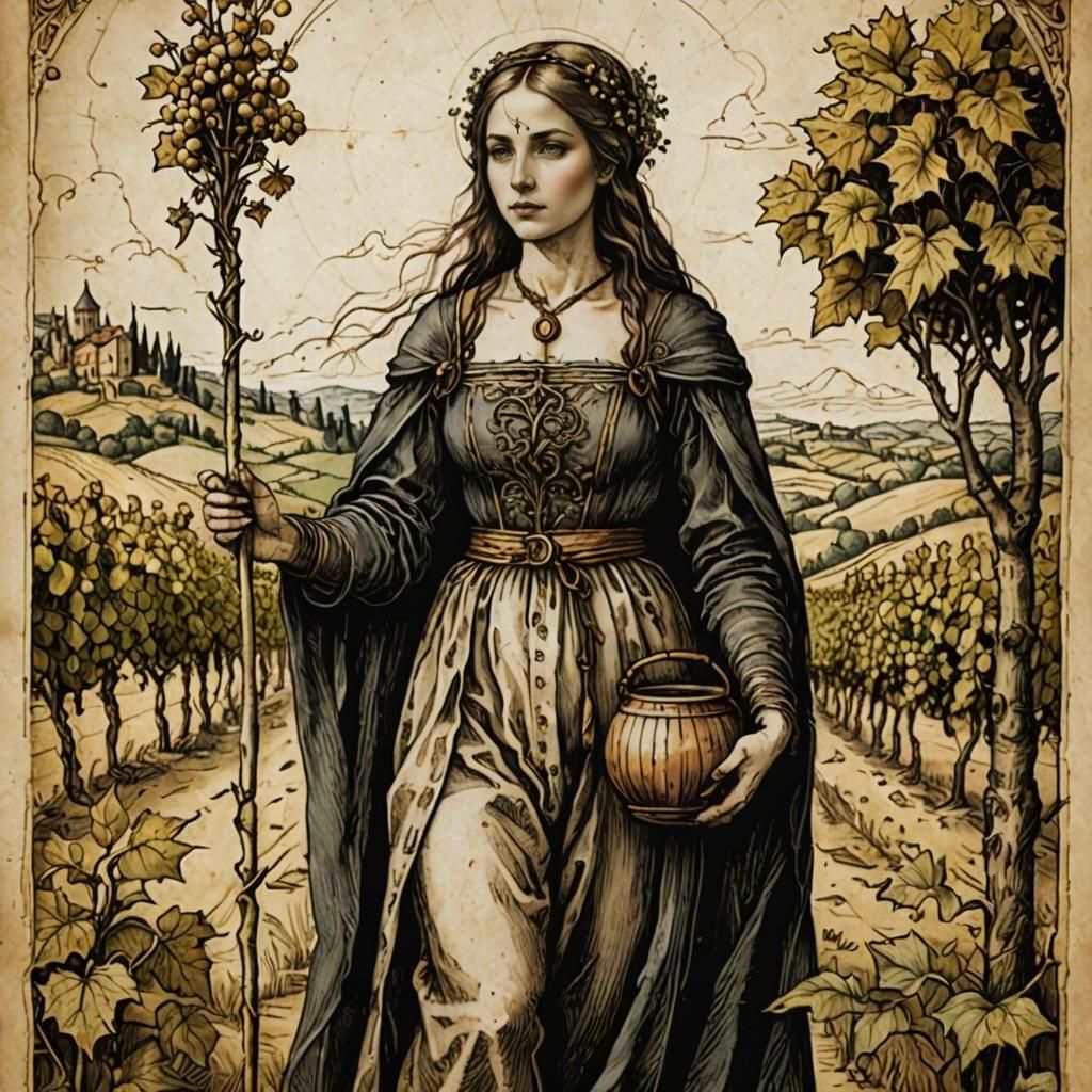 Renaissance Woman with Wand in Vineyard