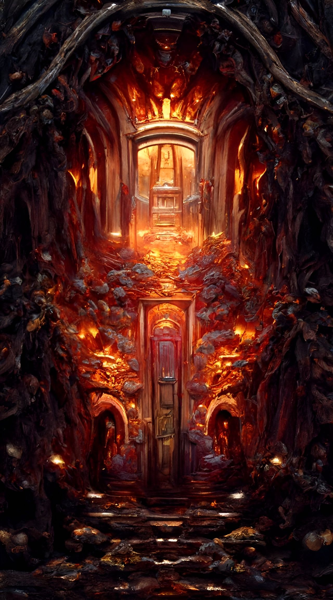 Doorway into Hell: Digital Art in Red and Gold