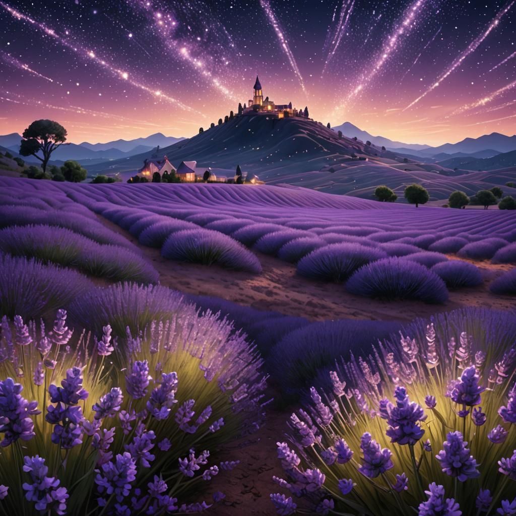Lavender Fields Under Starry Sky in Art Deco Style