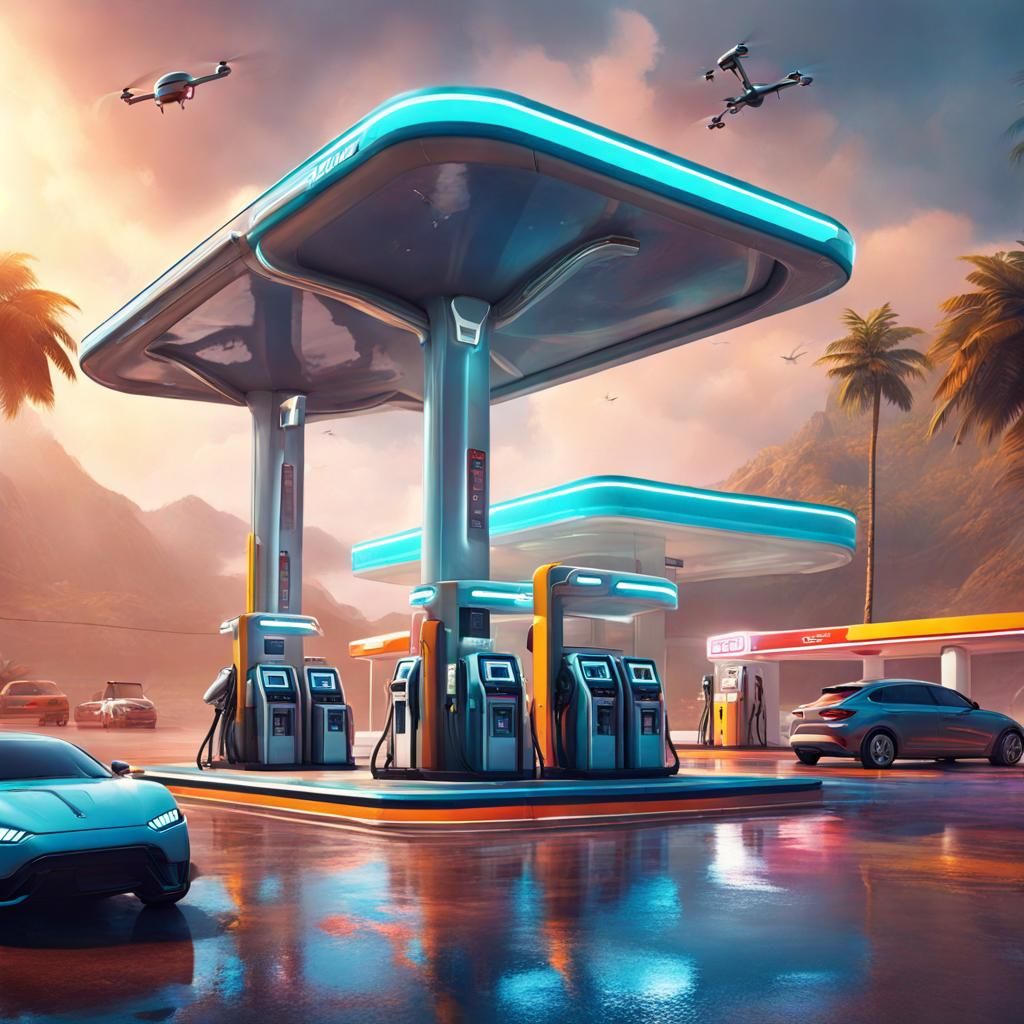 Futuristic Gas Station with Drones: Hyperrealistic Concept A...