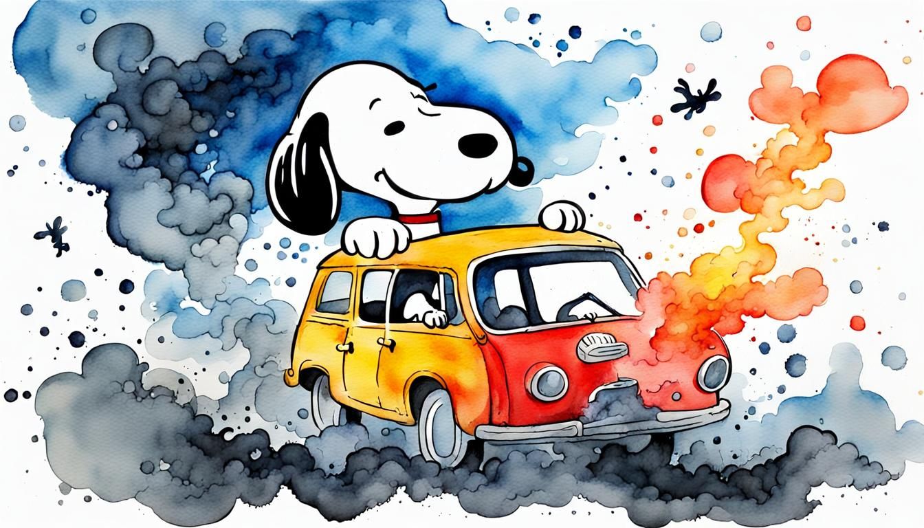 Snoopy Made of Smoke in Watercolor Gouache Style