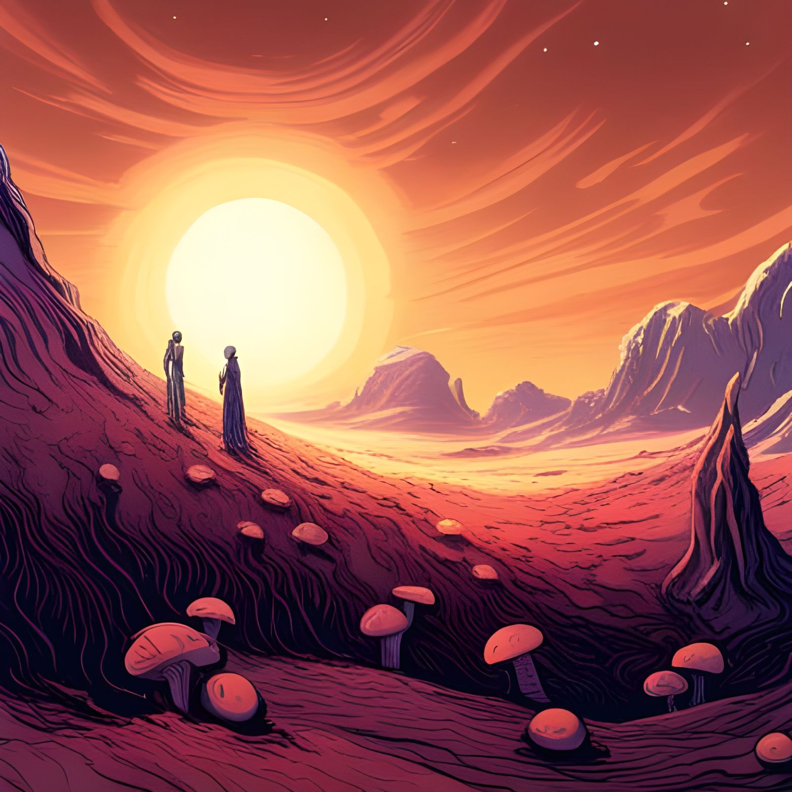 Desert Planet with Mushroom Forest in Moebius Style