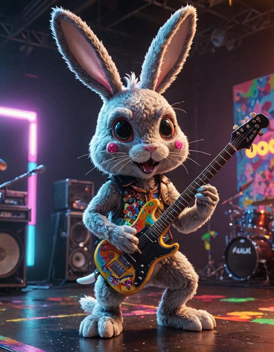 Neon Bunny Guitarist in Anime Concept Art