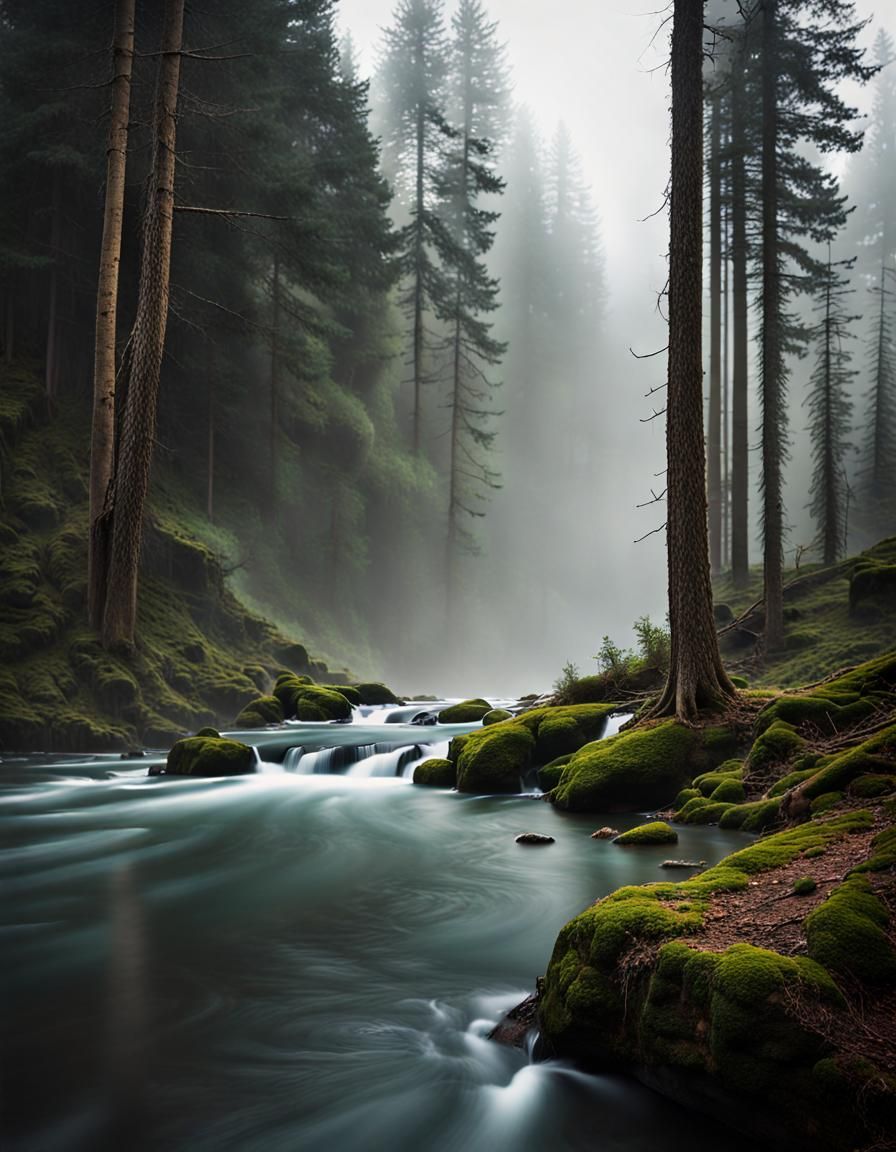 Misty Pine Forest Scene with Rushing River