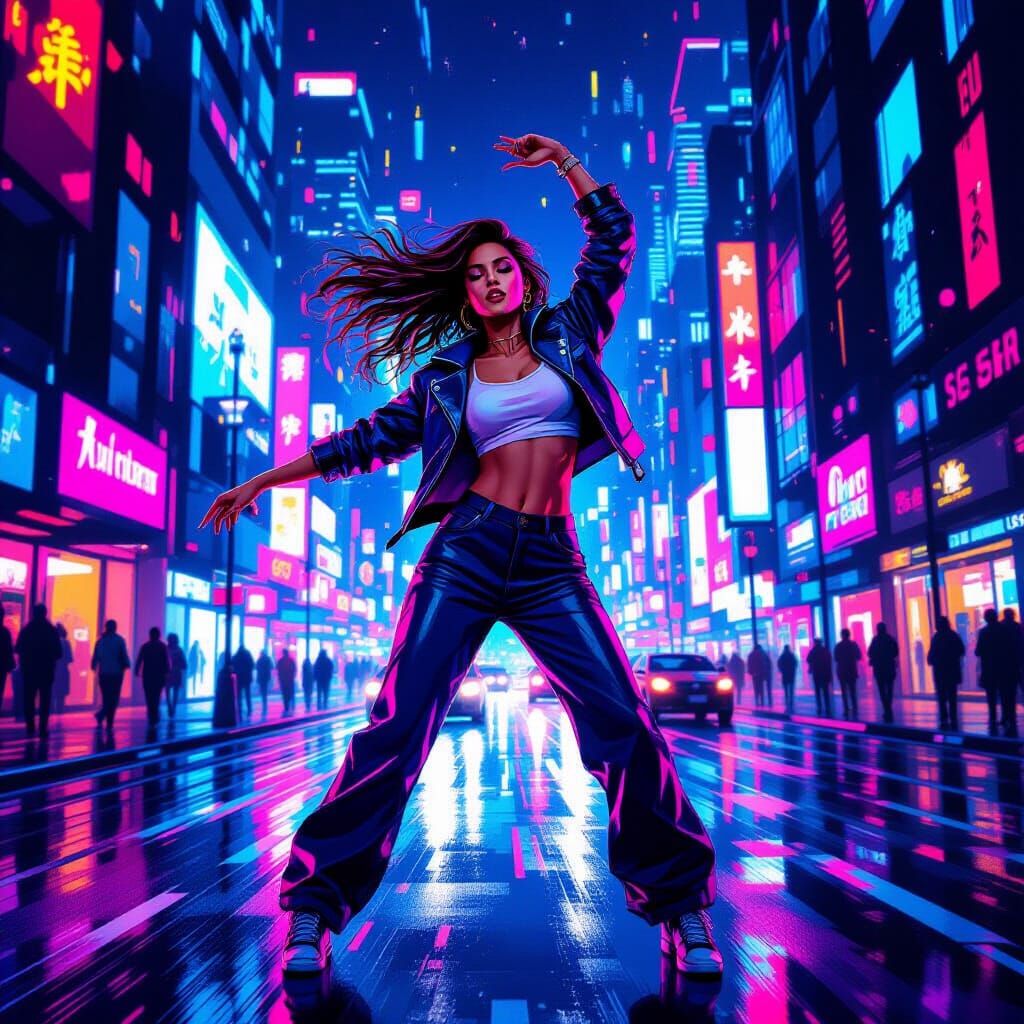 Energetic Dancer in a Neon Cyberpunk City
