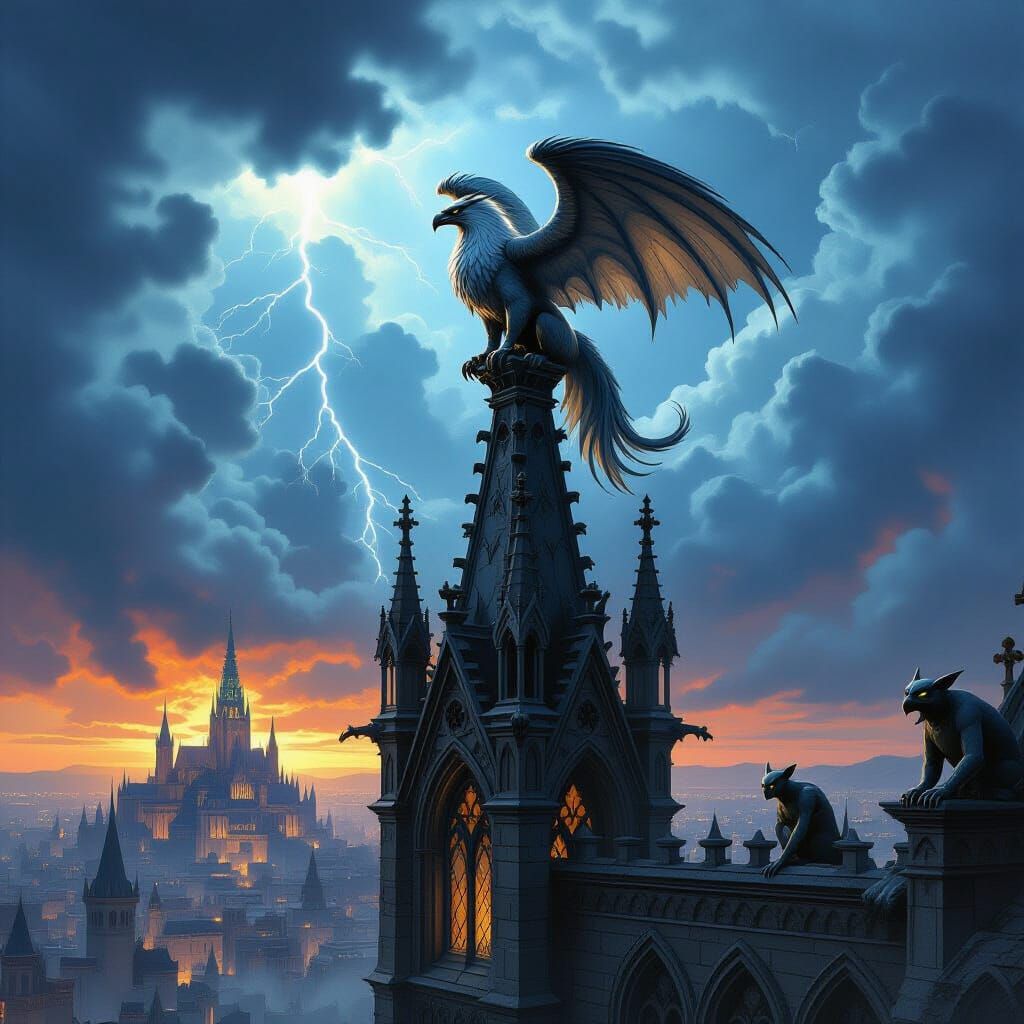 Griffin Over Medieval City in Dark Fantasy Style