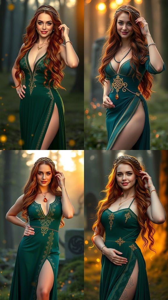 Elegant Woman in Emerald Dress in Misty Forest