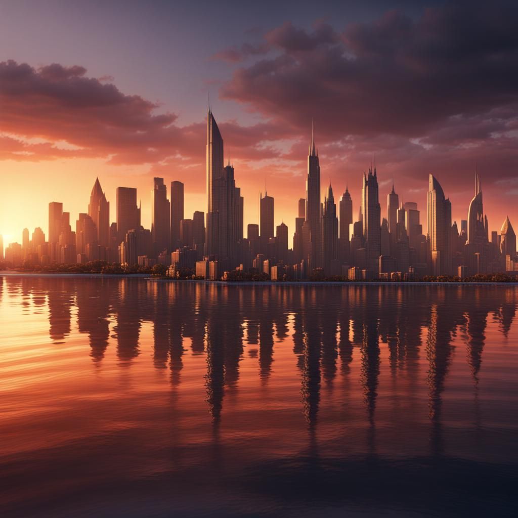 Sunset Cityscape: Detailed Matte Painting in Deep Color