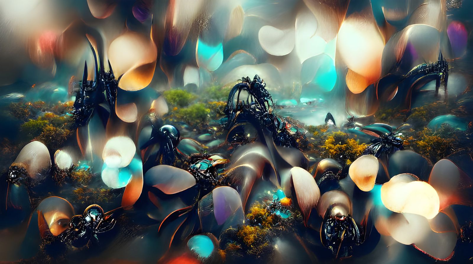 Cybernetic Lobster Swarm on Black Sand Beach