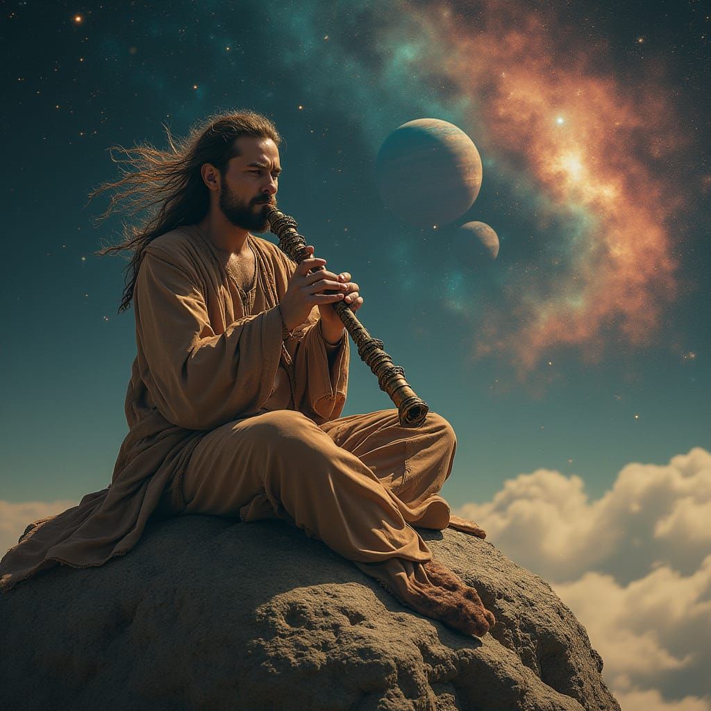 Cosmic Shaman Plays Ancient Flute Among the Planets in Dream...