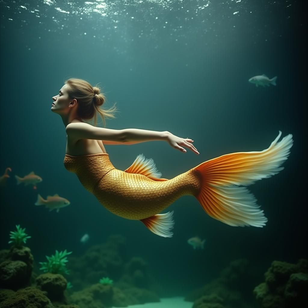 Goldfish Mermaid in Hyperrealistic Underwater Style