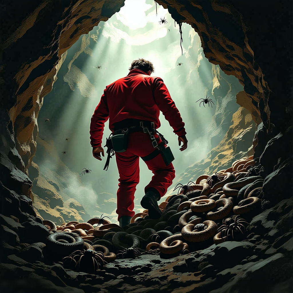 Man Descending into Spider and Snake Cave