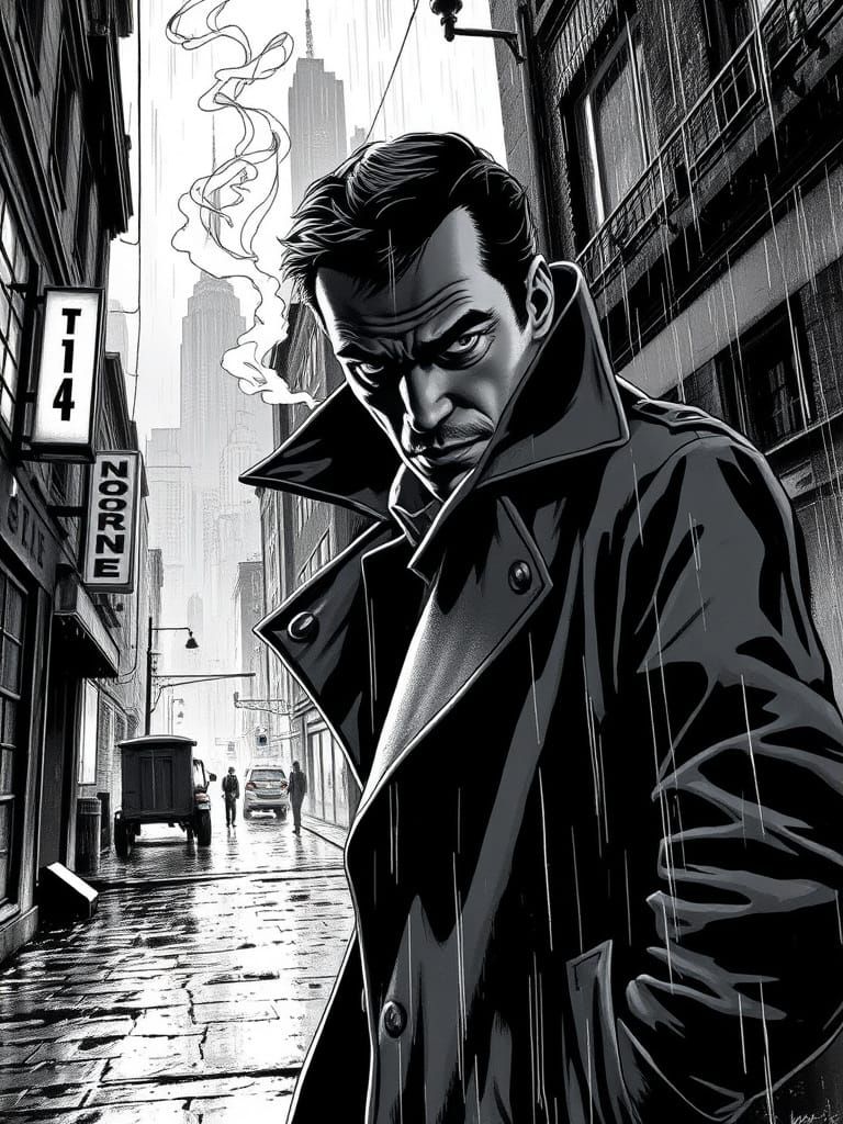 Noir Detective in Rain-Soaked Alley Comic Art