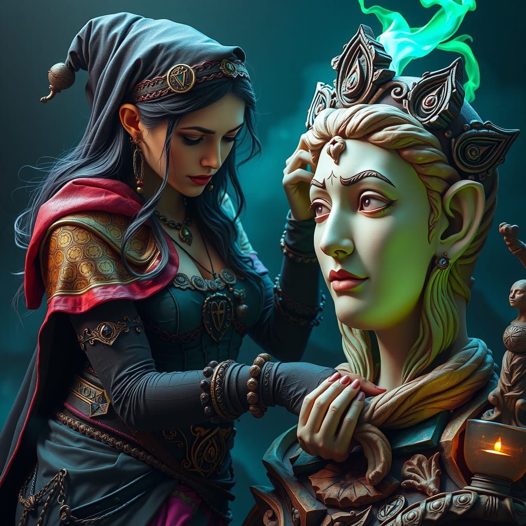 Sorceress Crafts Living Statue with Magical Clay Sculpture