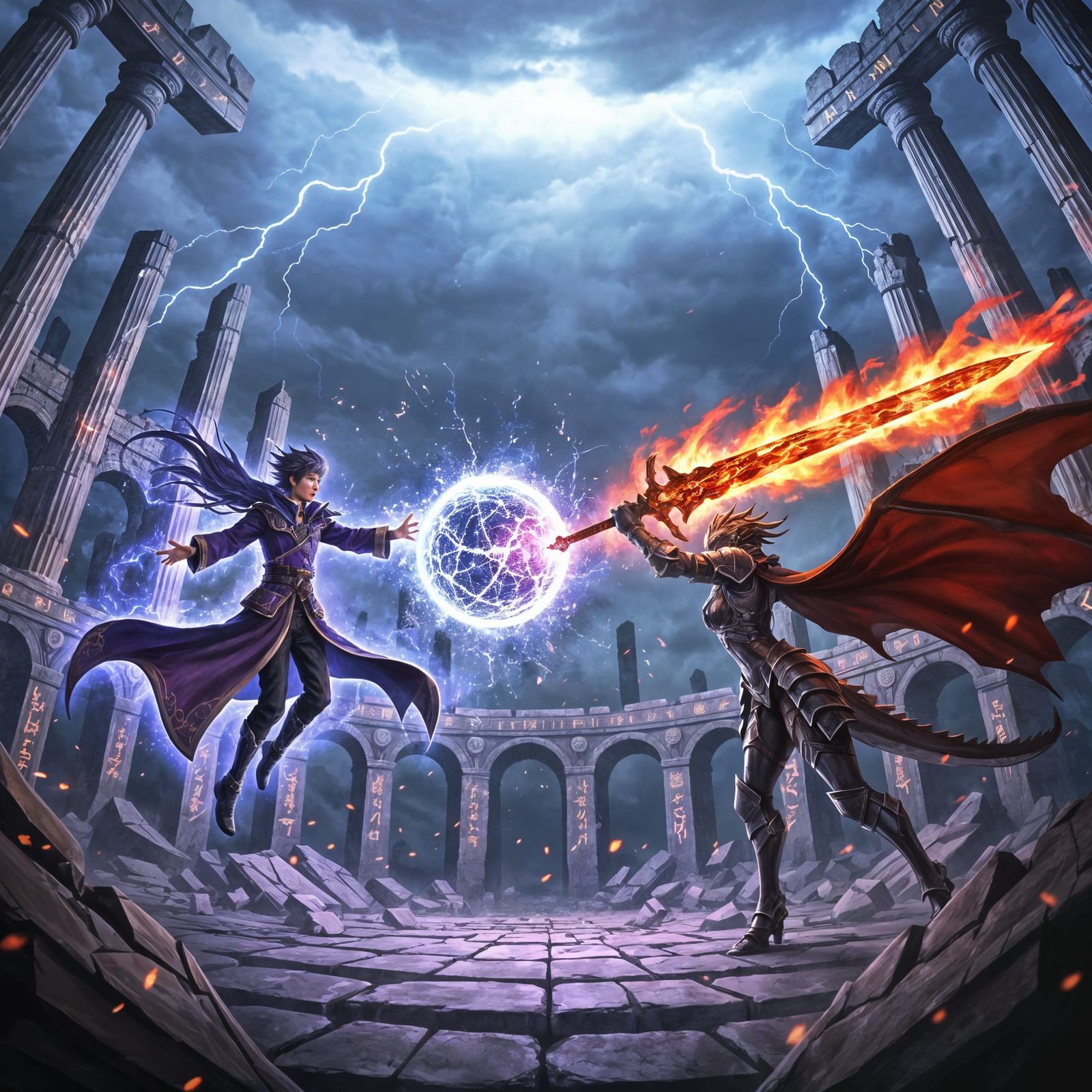 Fantasy Anime Sorcerer vs Dragon Knight in Colosseum Ruins