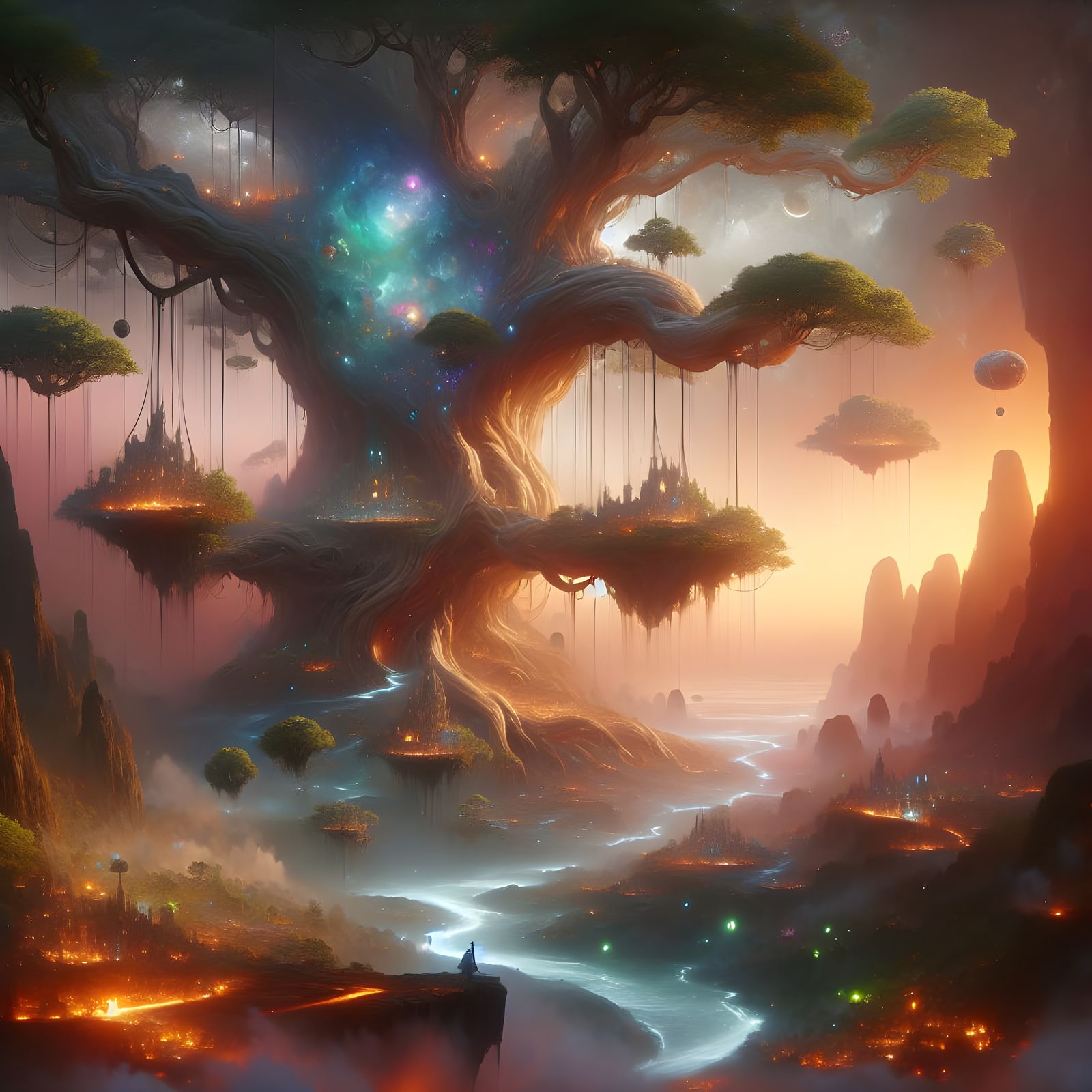 Surreal Ancient Tree With Floating Worlds And Glowing Rivers