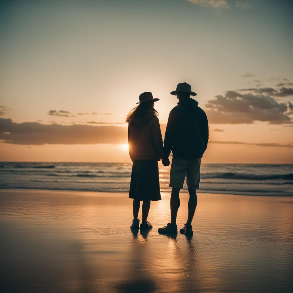 Romantic Sunset Beach Scene with Sweethearts