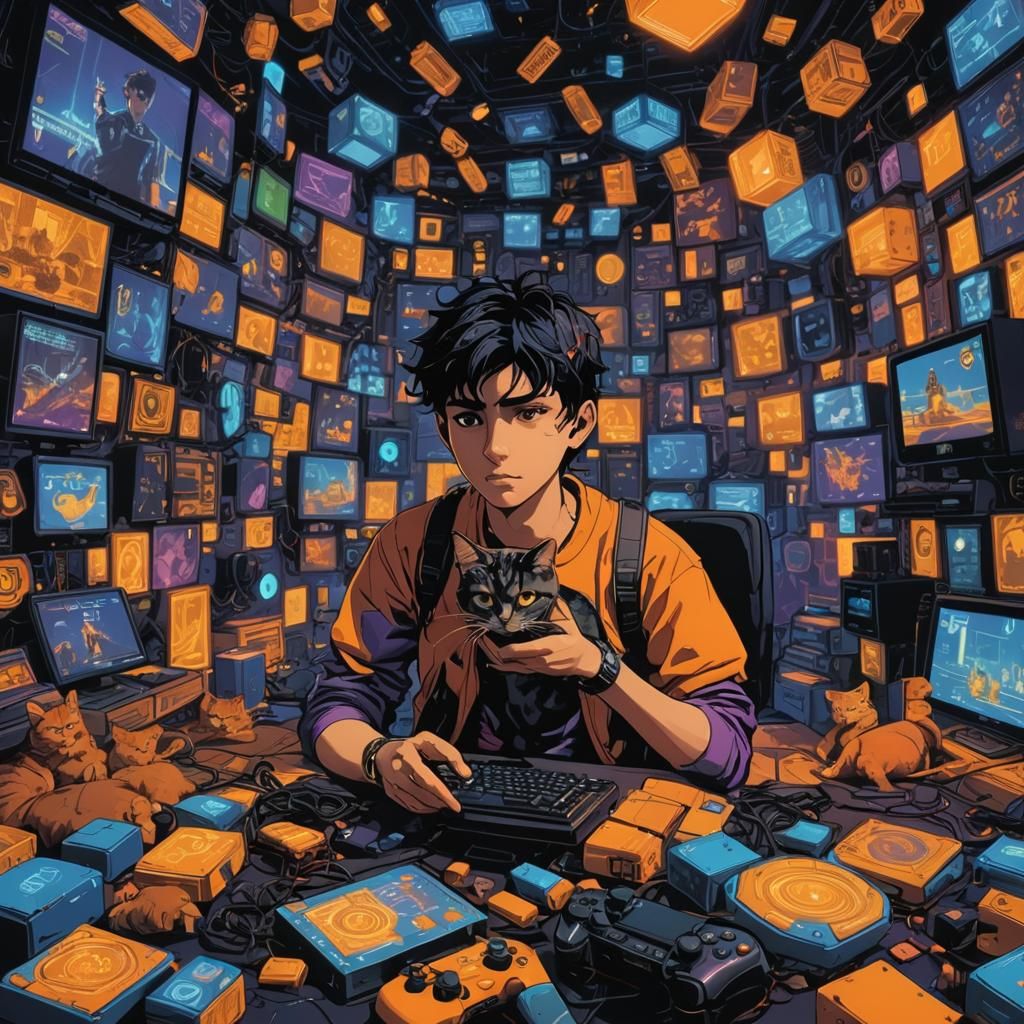 Cyberpunk Gamer with Cat Companion in Futuristic Setup