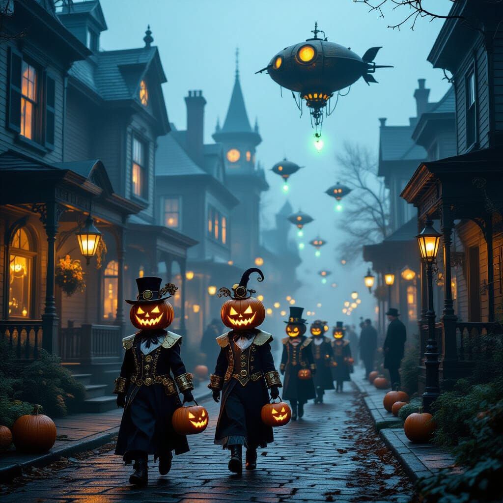 Steampunk Halloween Night on Foggy Victorian Street