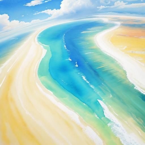 Airplane Descends Over Sunny Beach in Watercolor