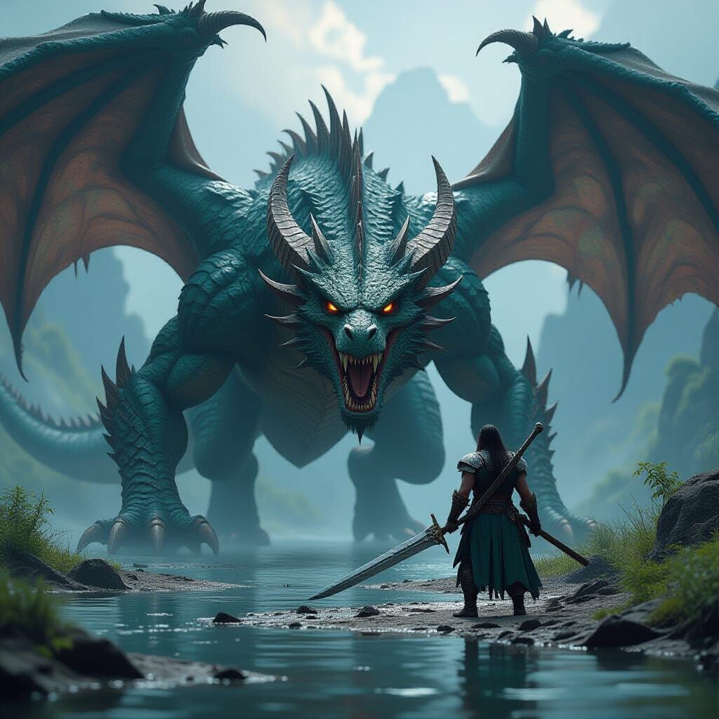 Two-Headed Dragon Battle in a Swamp, Fantasy Art
