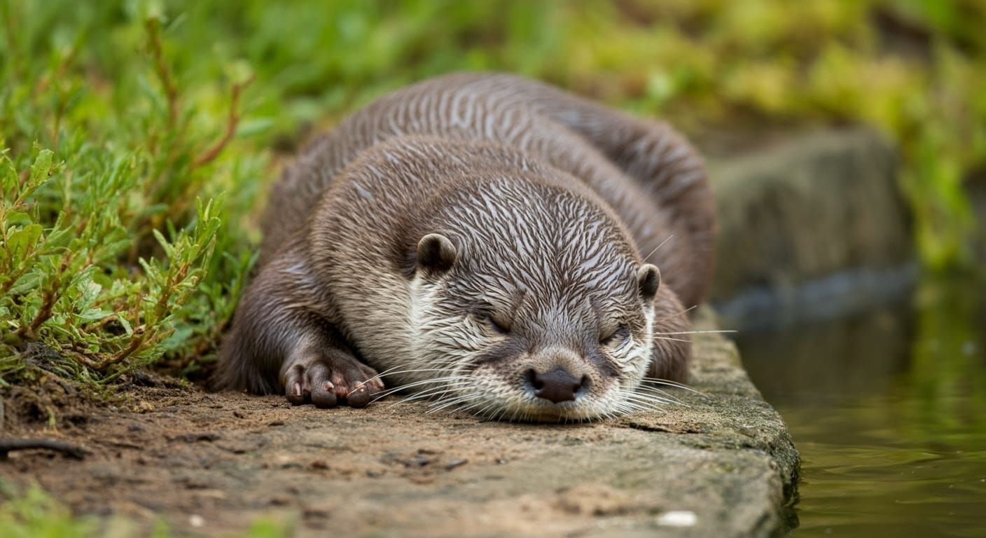 Cute Otter Rests by Serene Pond