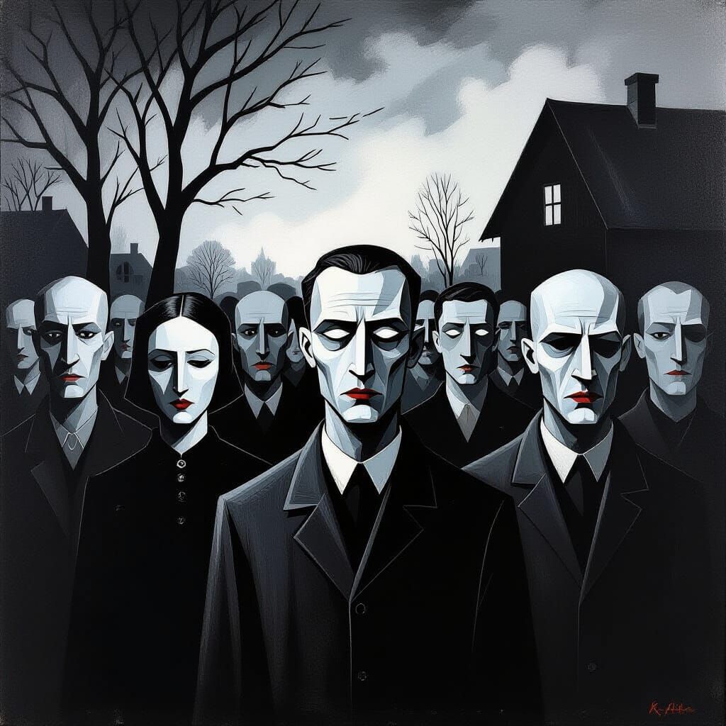 Monochromatic Village Scene with Tense, Frozen Figures