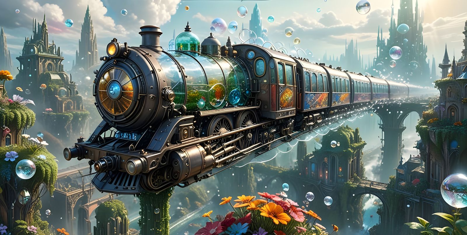 Crystal Train Soars Over Cybercore Cityscape