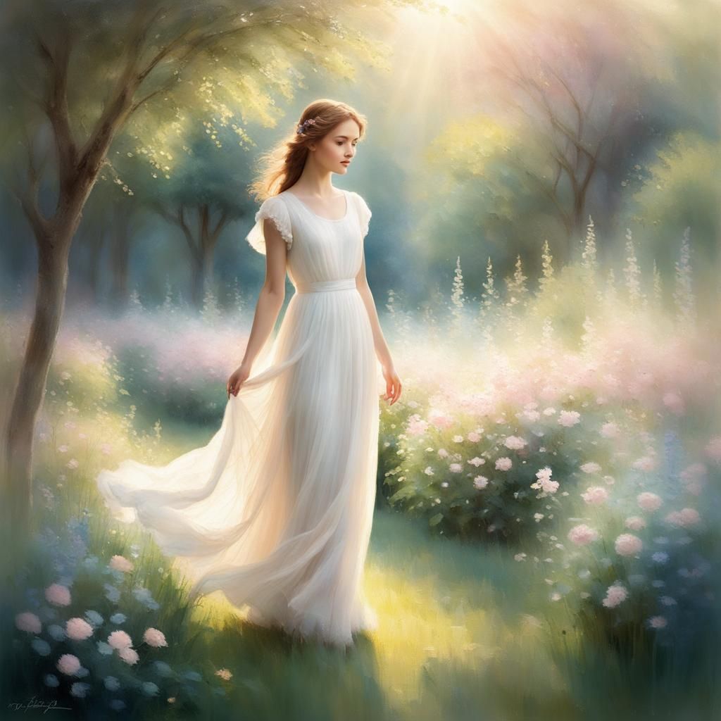 Whimsical Morning Garden Scene in Impressionist Style