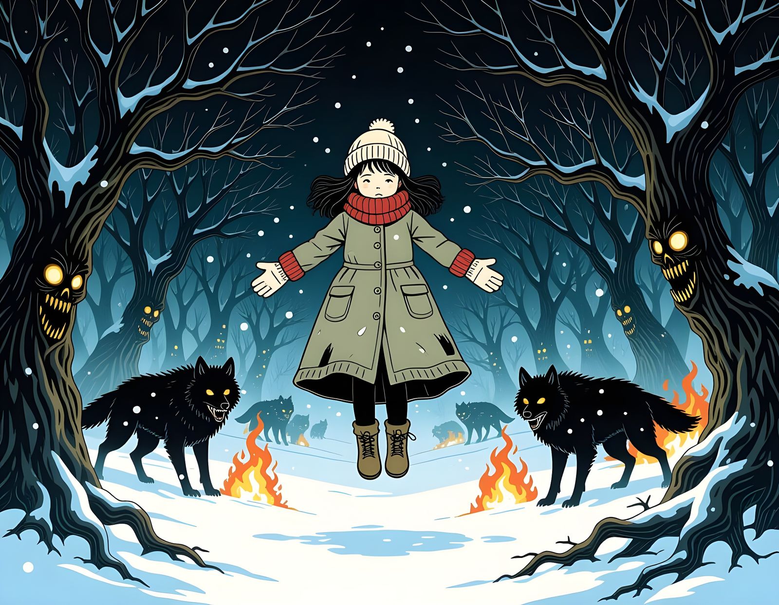 Girl Levitates with Ghost Wolves in Ito-Style Forest